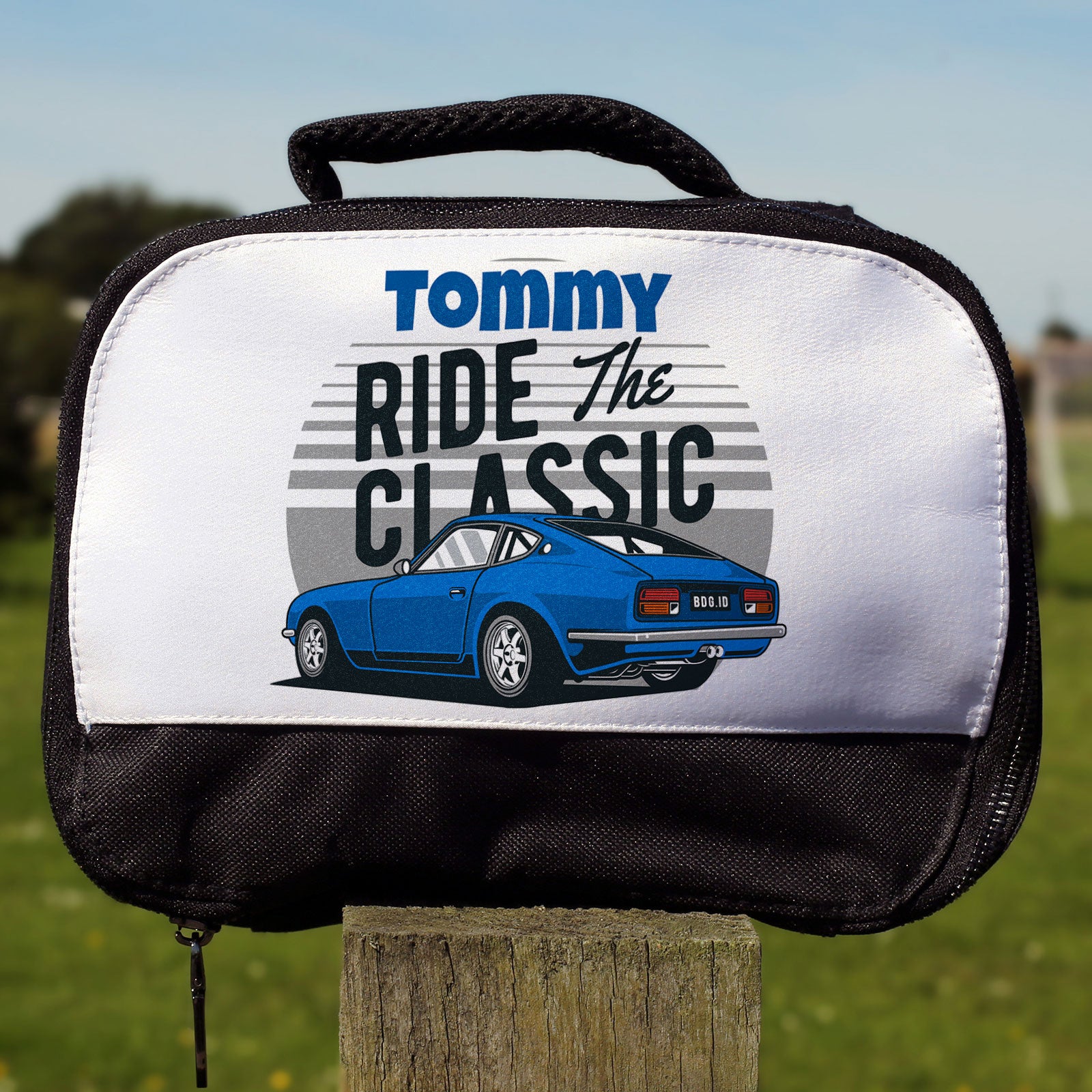 Personalised Lunch Bag with Stylish Block Initials with Classic Car & Name