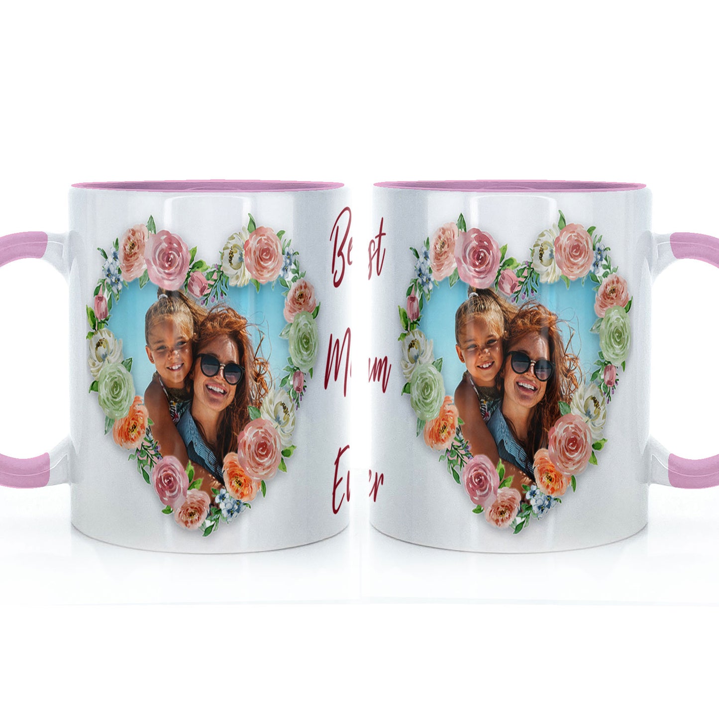 Personalisierte Tasse mit Blumen-Herz-Foto „Beste Mutter aller Zeiten“.