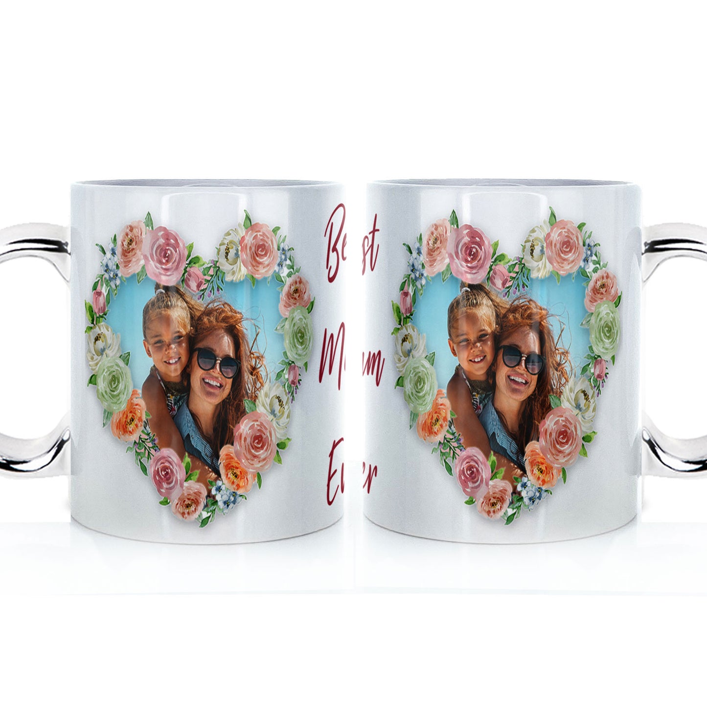 Personalisierte Tasse mit Blumen-Herz-Foto „Beste Mutter aller Zeiten“.