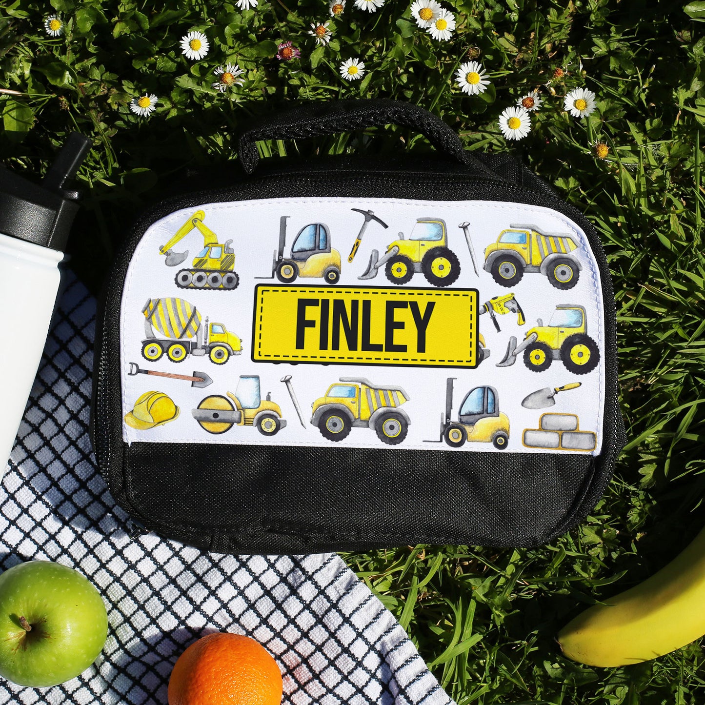 Personalised Lunch Bag with Stylish Block Initials with Diggers & Trucks with Name