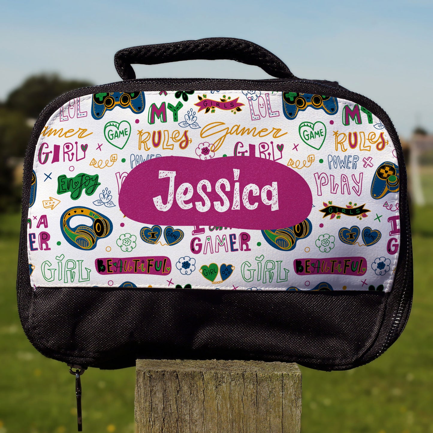 Personalised Lunch Bag with Stylish Block Initials with Gamer Girl Sticker bomb & Name