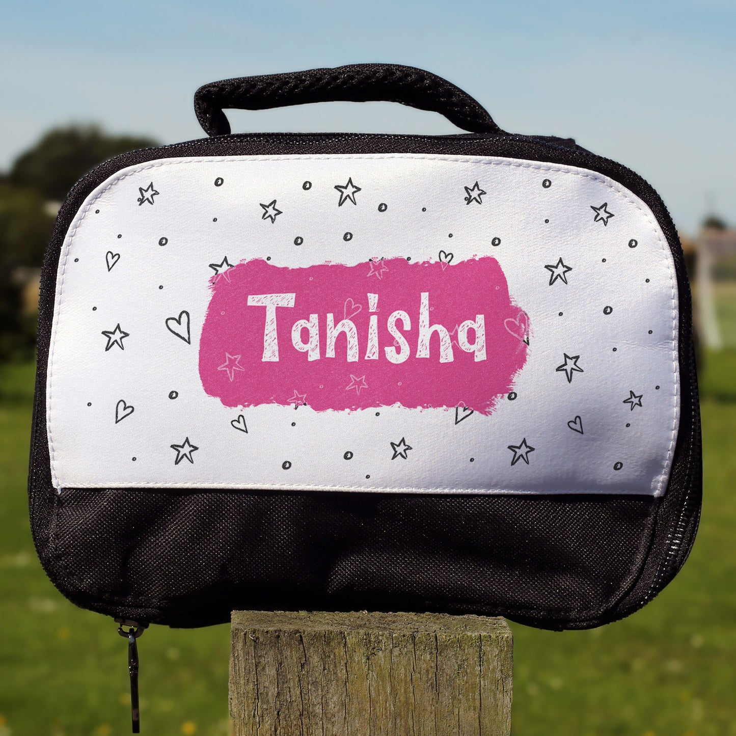 Personalised Lunch Bag with Stylish Block Initials with Hearts & Stars with Name