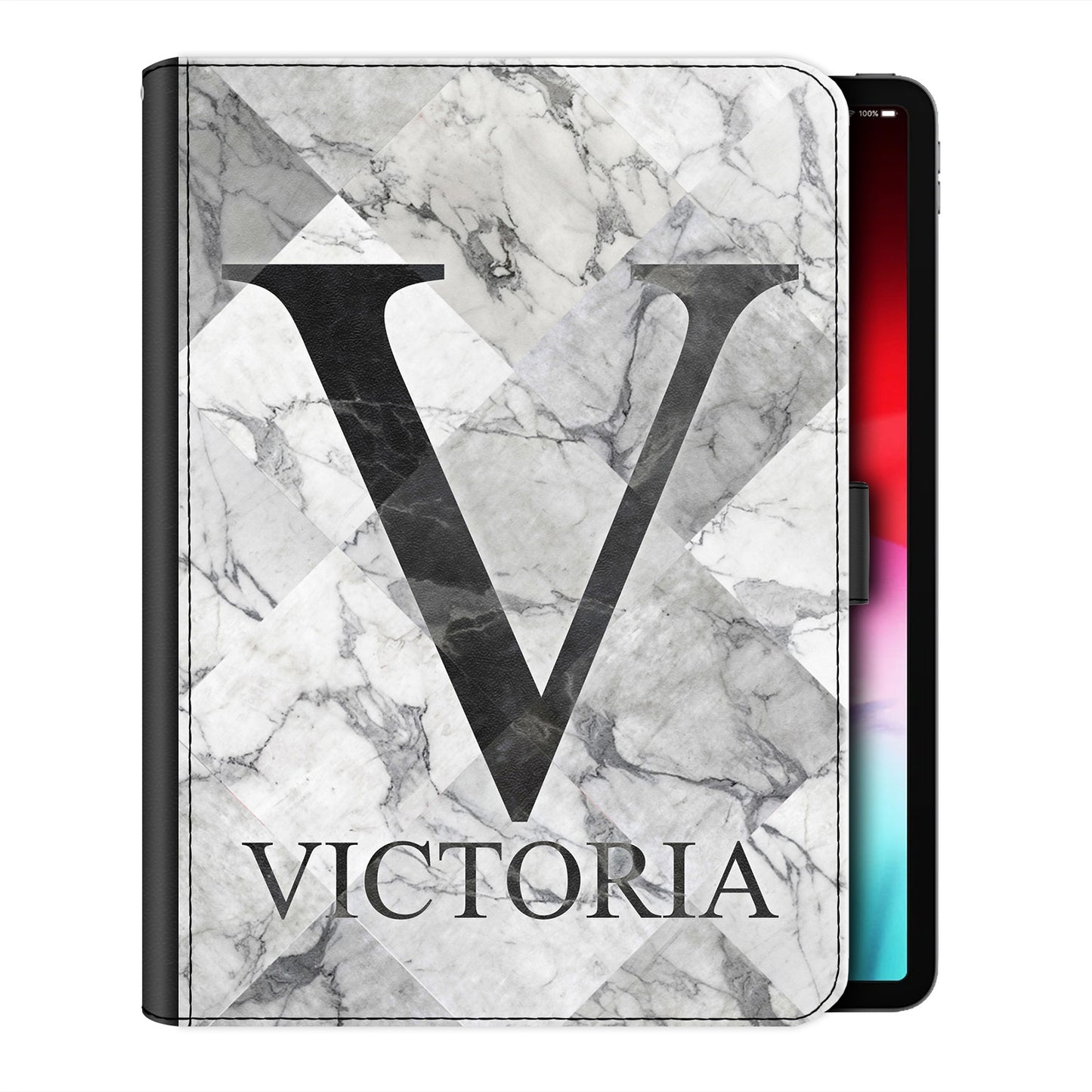 Personalised iPad Case with Grey Marble & Black Monogram and Name