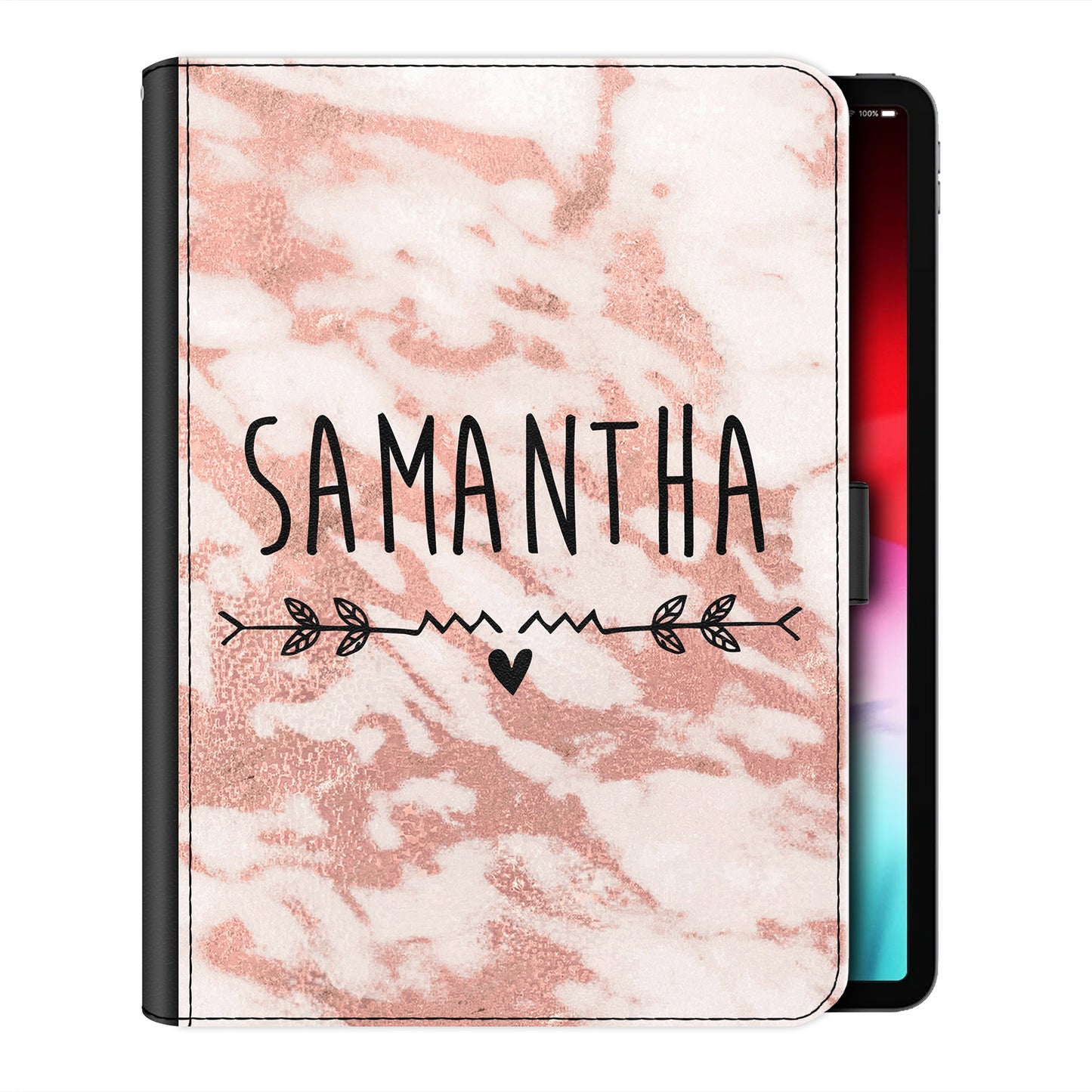 Personalised iPad Case with Rose Marble & Black Heart Name
