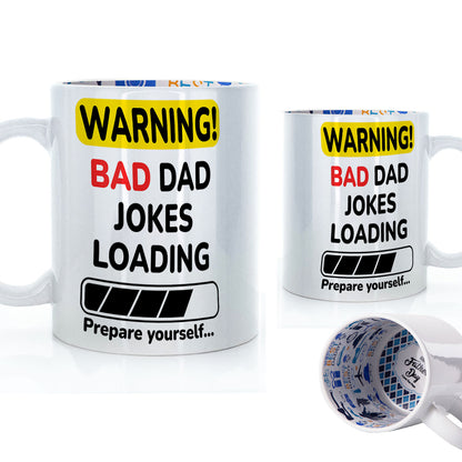 Lustige Tasse zum Vatertag mit Warnung vor schlechten Papa-Witzen