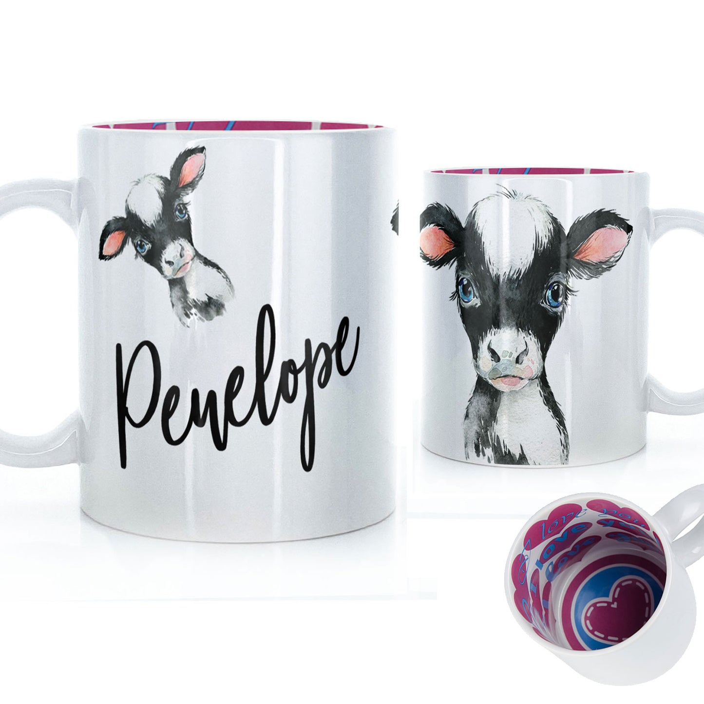 Personalised Black and White Calf Cow and Name Mug