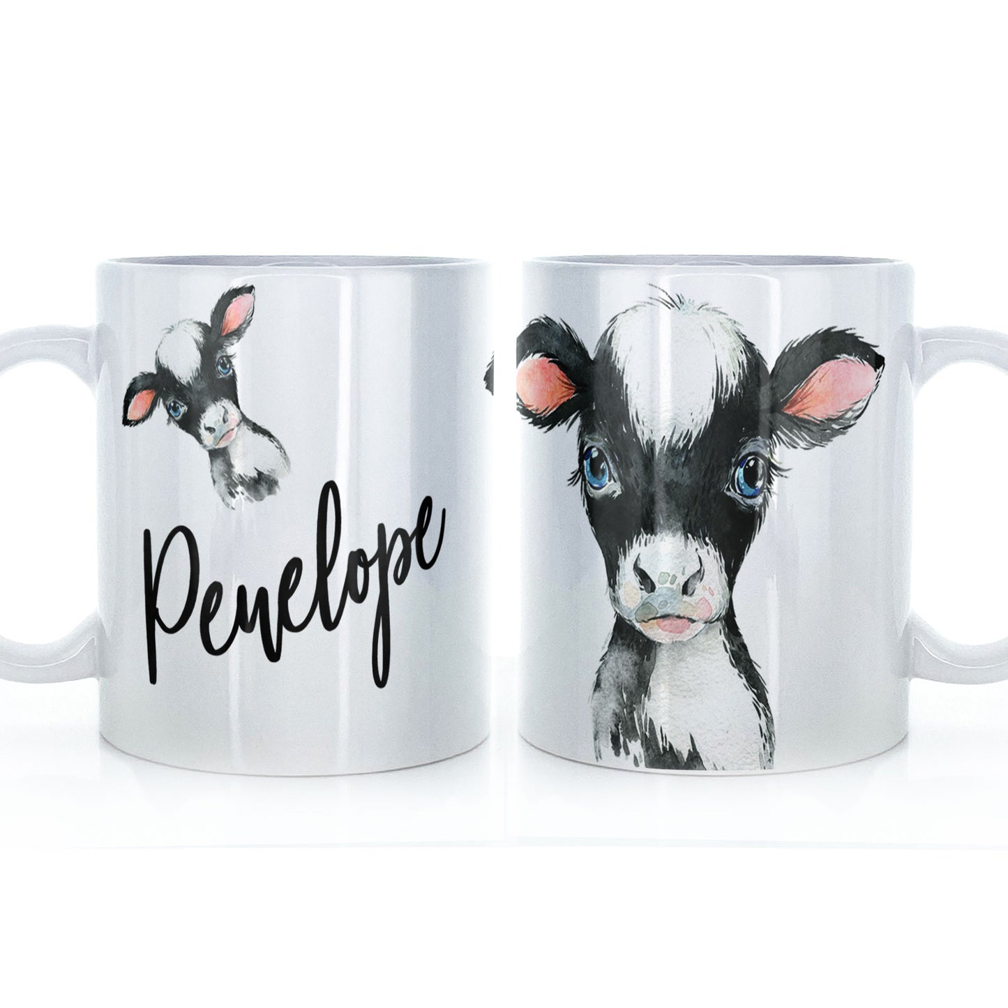 Personalised Black and White Calf Cow and Name Mug