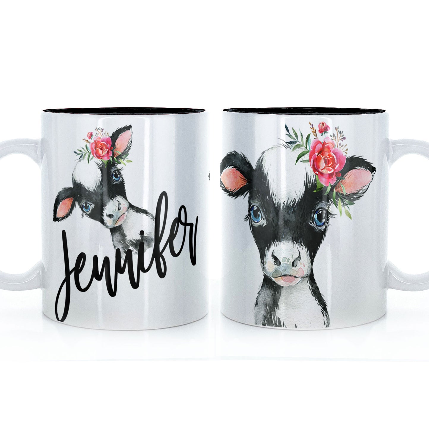 Personalised Mug with Stylish Text and Pink Flower Cow