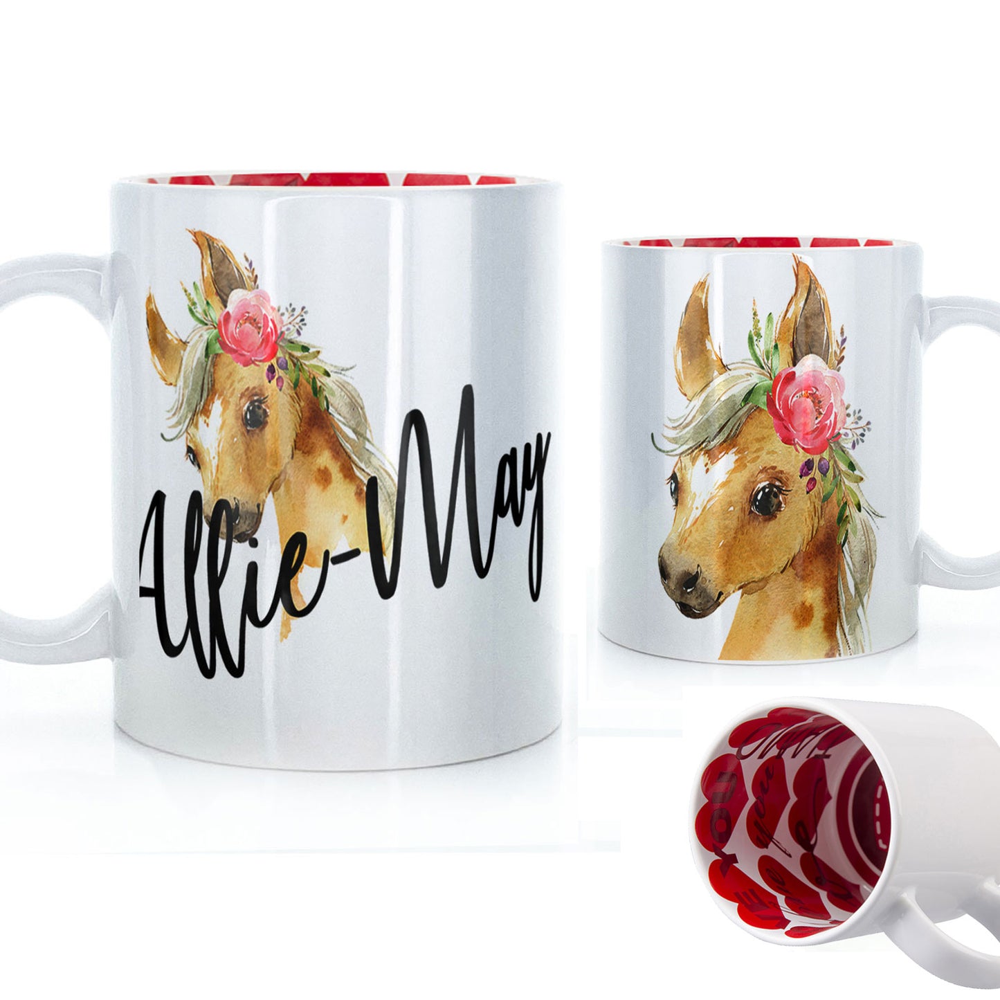 Personalised Mug with Stylish Text and Pink Flower Horse