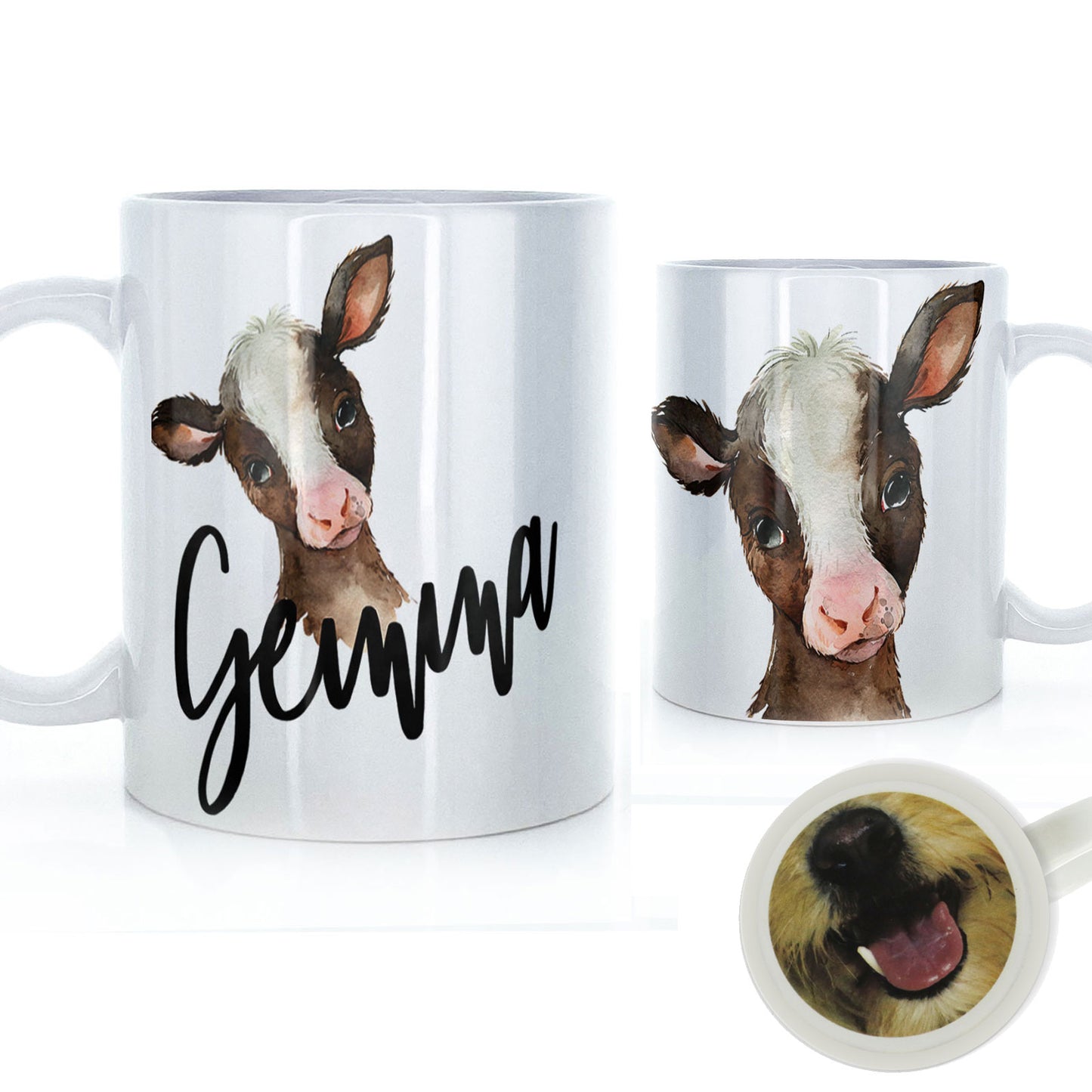 Personalised Brown and White Calf Cow and Name Mug
