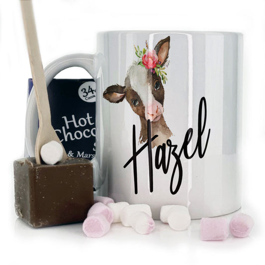 Personalised Mug with Stylish Text and Pink Flower Brown Cow