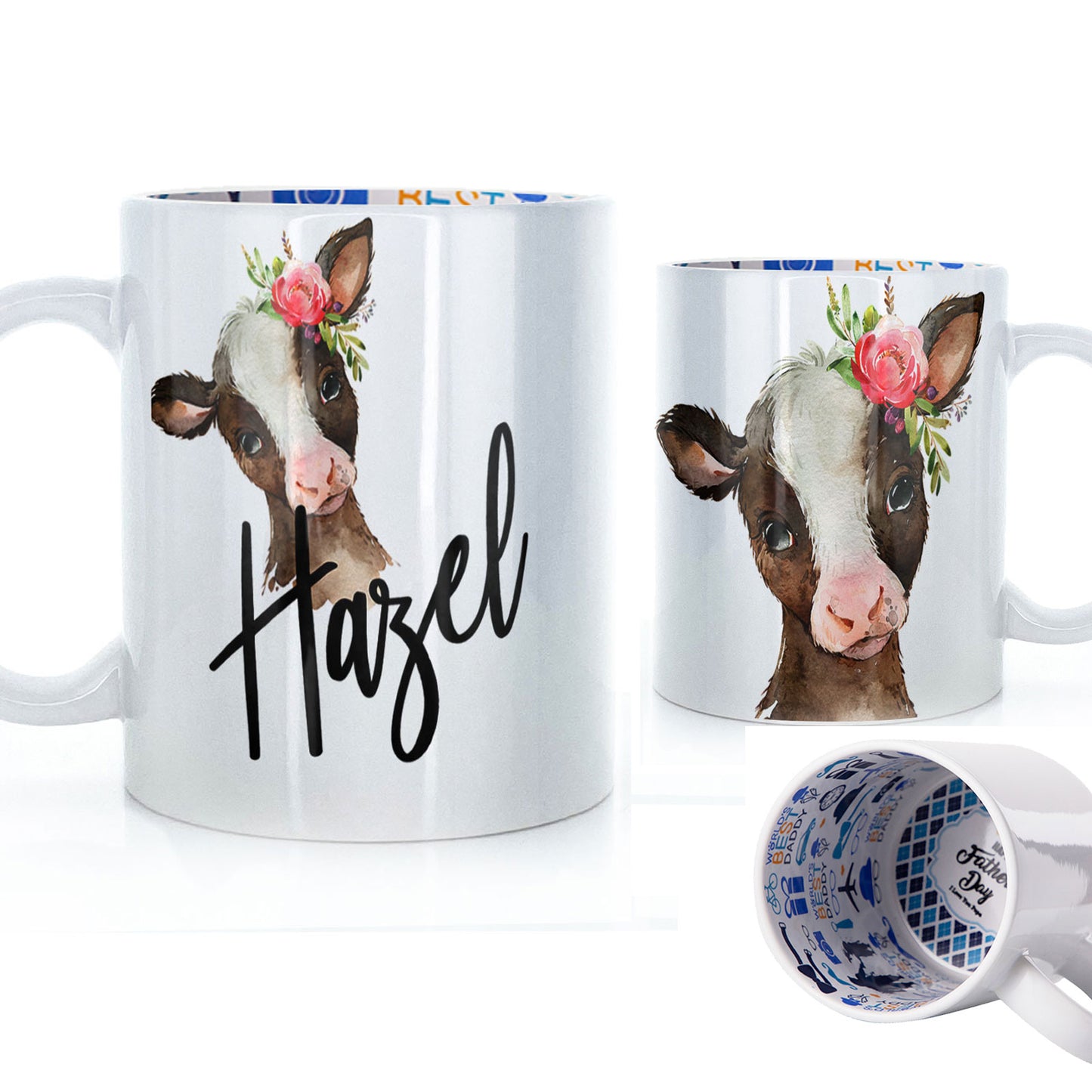 Personalisierte Tasse mit stilvollem Text und rosa Blume, brauner Kuh