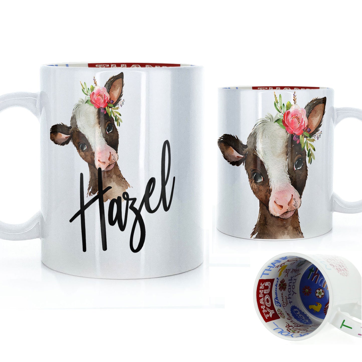 Personalisierte Tasse mit stilvollem Text und rosa Blume, brauner Kuh