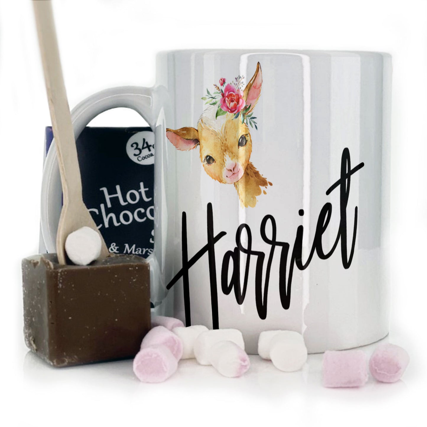 Personalised Mug with Stylish Text and Pink Flower Goat