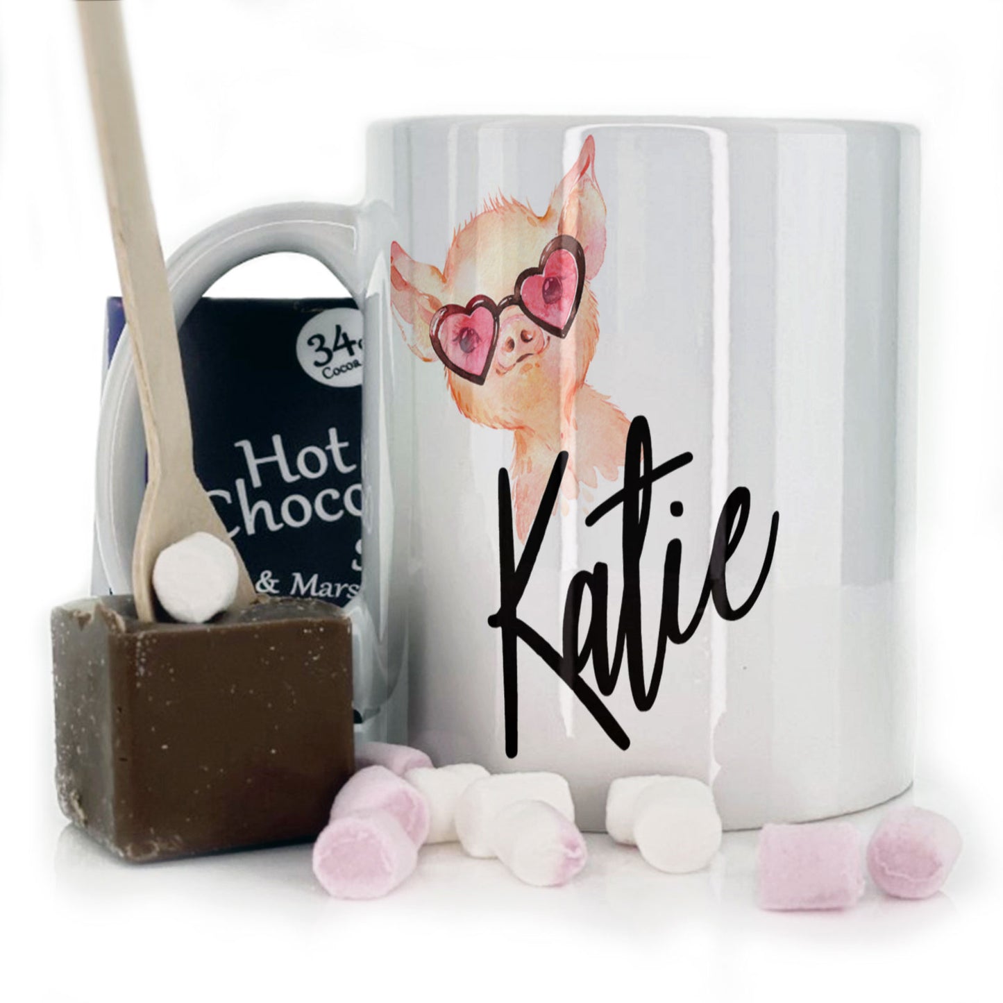 Personalised Mug with Stylish Text and Heart Glasses Pig
