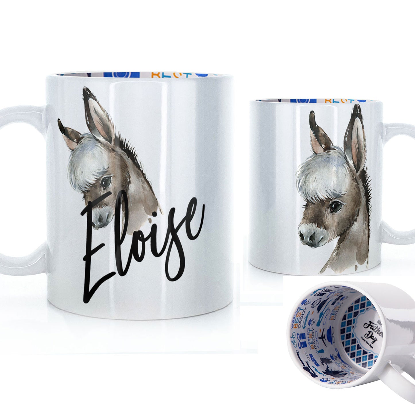 Personalisierte Tasse mit grauem Esel und Namen