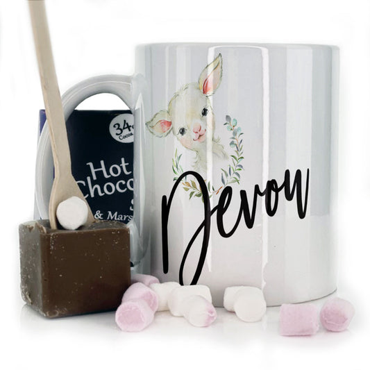 Personalised Mug with Stylish Text and Wreath Lamb