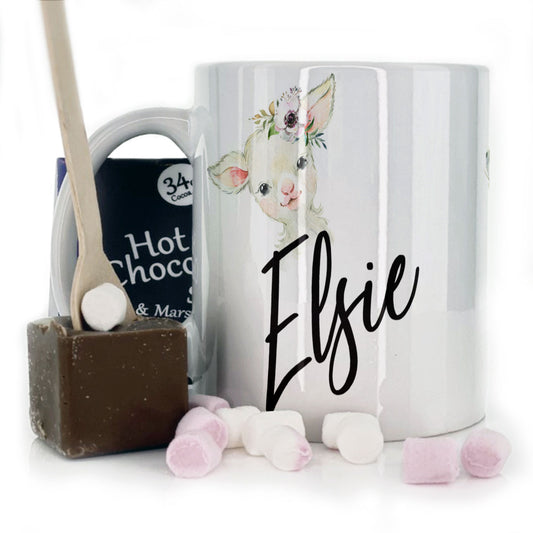 Personalised Mug with Stylish Text and White Flower Lamb