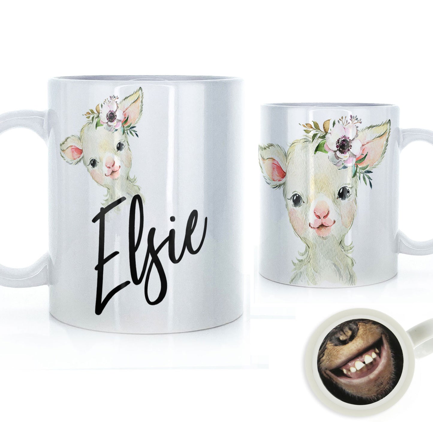 Personalised Mug with Stylish Text and White Flower Lamb
