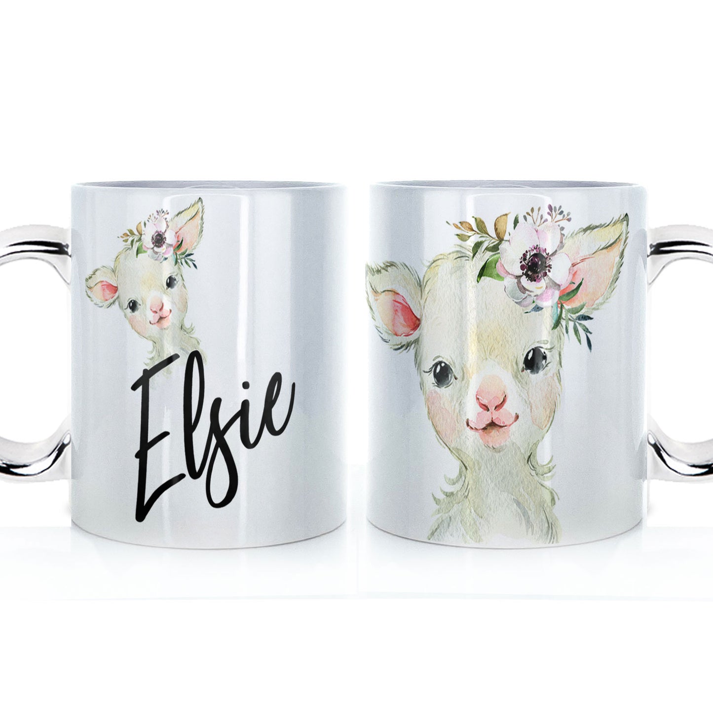 Personalisierte Tasse mit stilvollem Text und weißem Blumenlamm