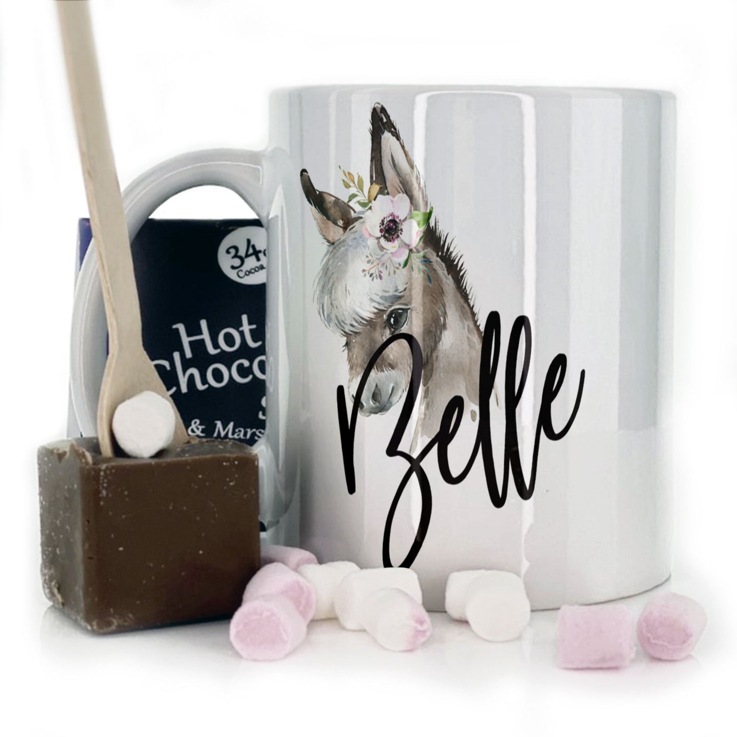 Personalisierte Tasse mit stilvollem Text und weißem Blumen-Esel
