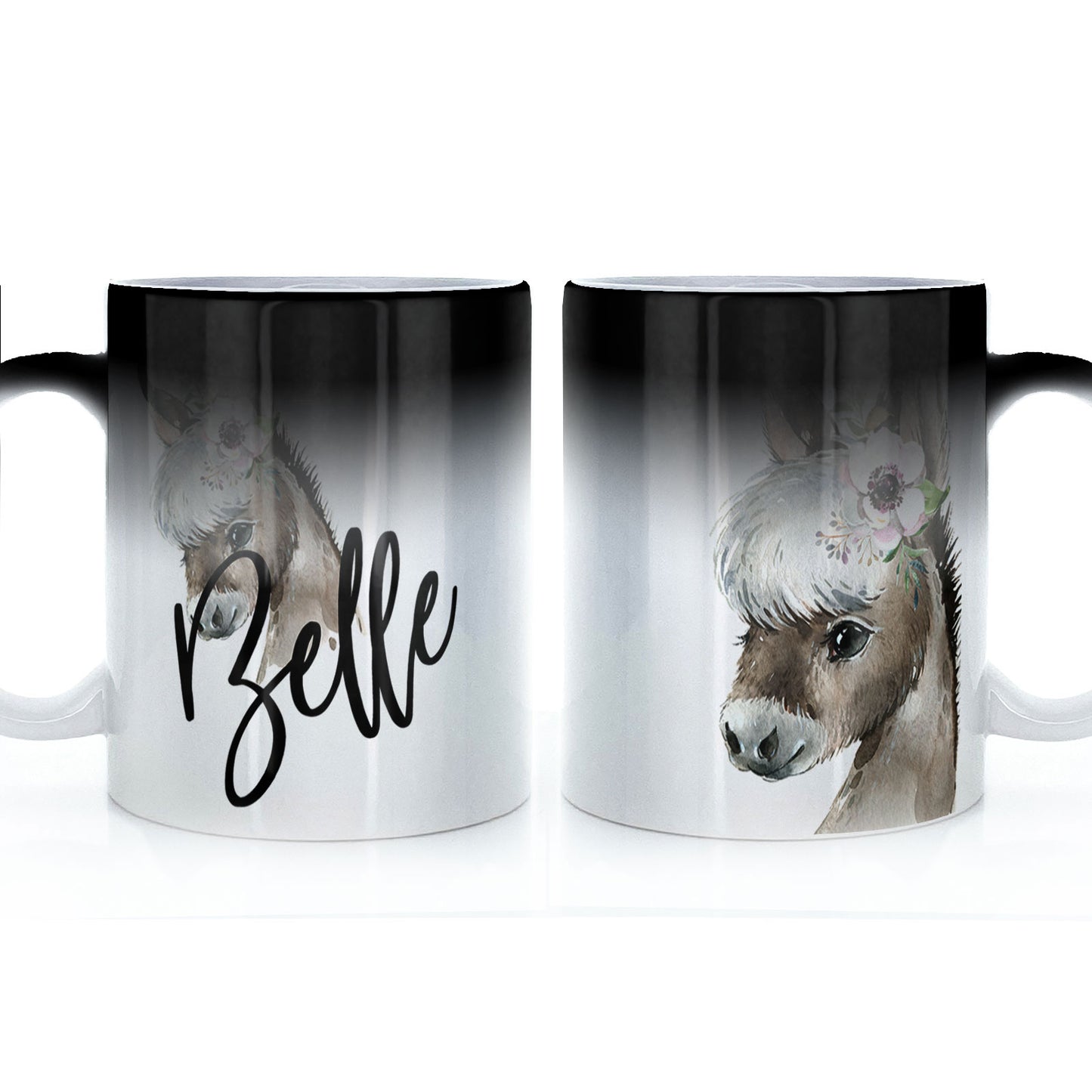 Personalisierte Tasse mit stilvollem Text und weißem Blumen-Esel