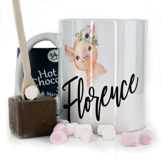 Personalised Mug with Stylish Text and White Flower Pig