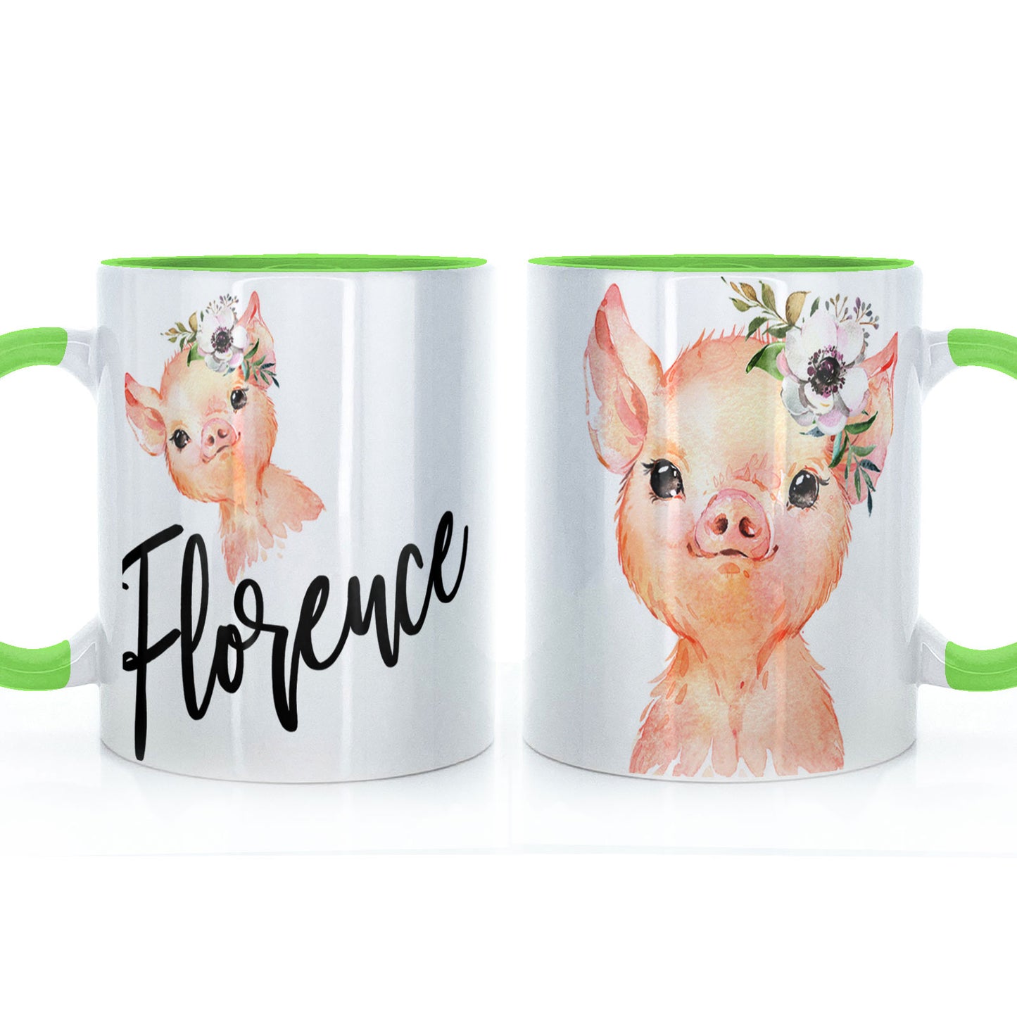 Personalisierte Tasse mit stilvollem Text und weißem Blumenschwein