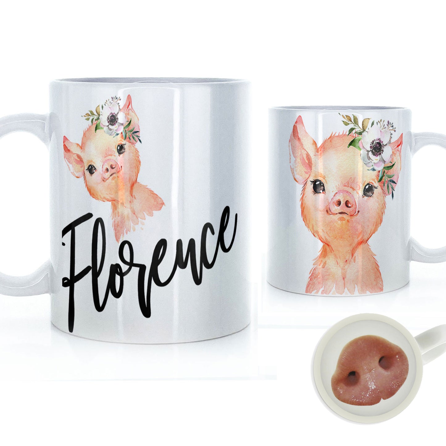 Personalisierte Tasse mit stilvollem Text und weißem Blumenschwein