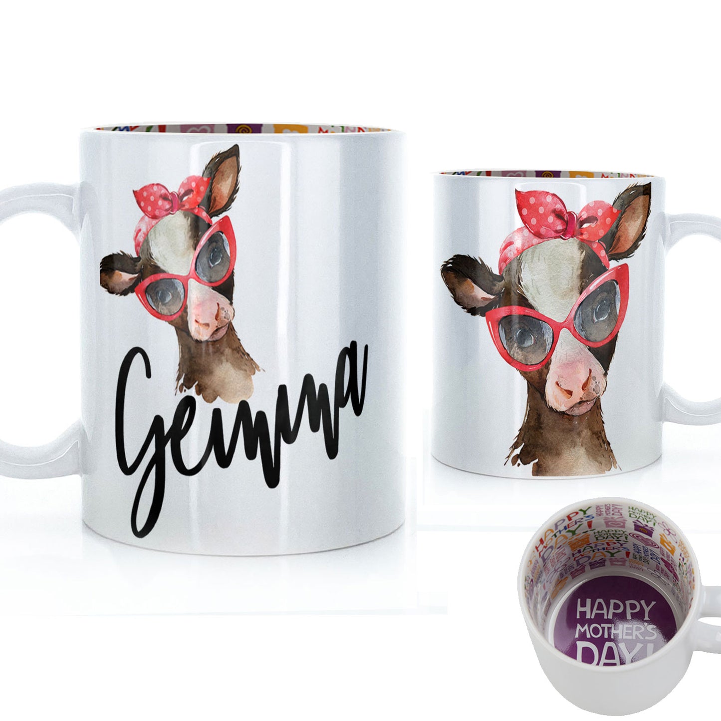 Personalised Mug with Stylish Text and Red Accessory Brown Cow