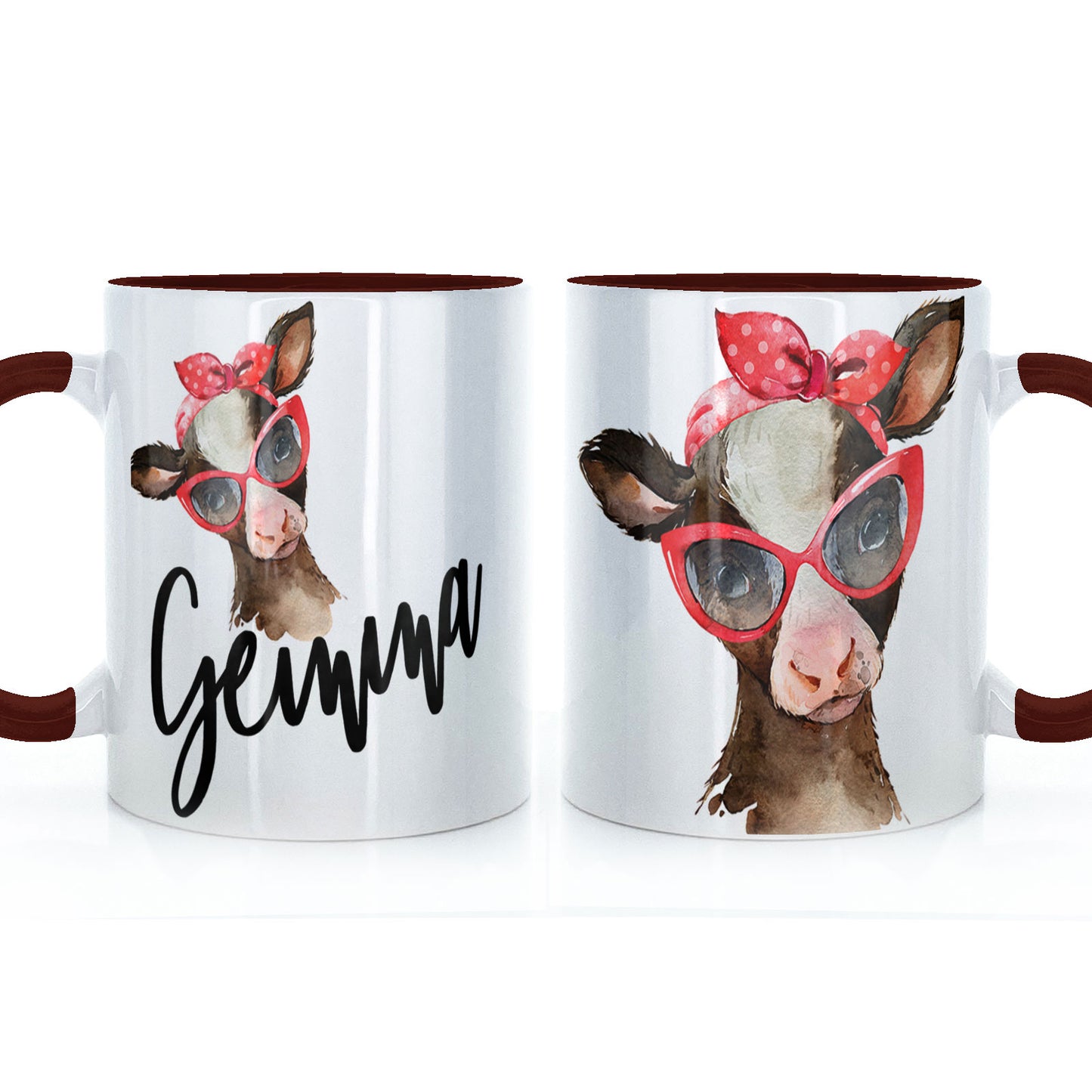 Personalisierte Tasse mit stilvollem Text und rotem Accessoire, braune Kuh
