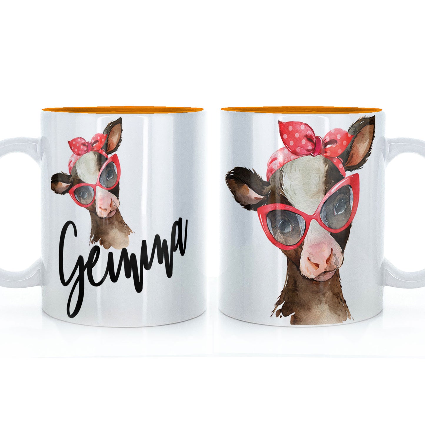 Personalised Mug with Stylish Text and Red Accessory Brown Cow