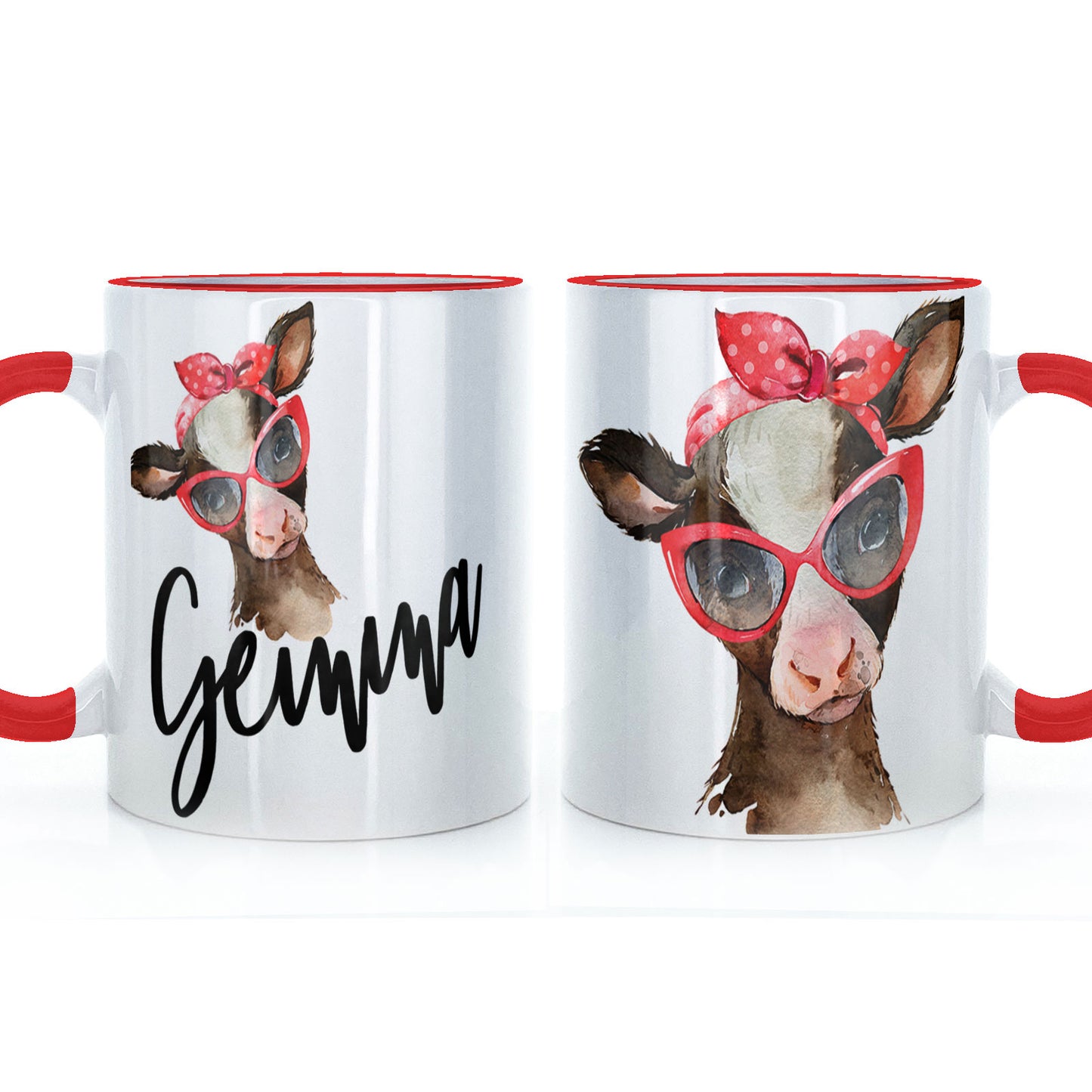 Personalisierte Tasse mit stilvollem Text und rotem Accessoire, braune Kuh