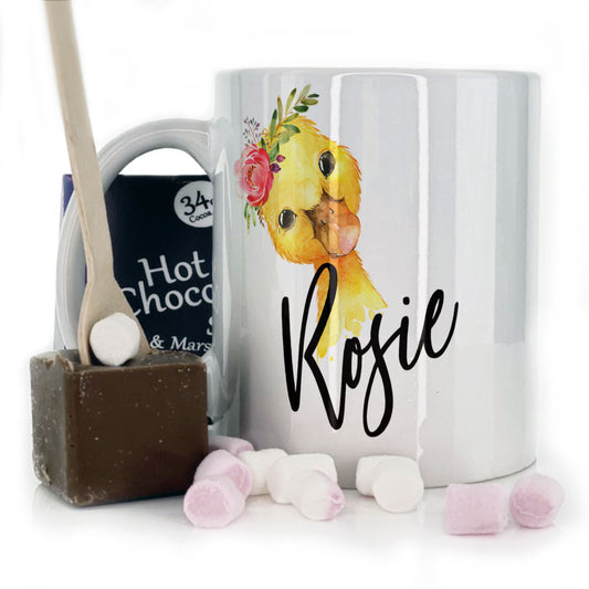 Personalised Mug with Stylish Text and Pink Flower Duckling