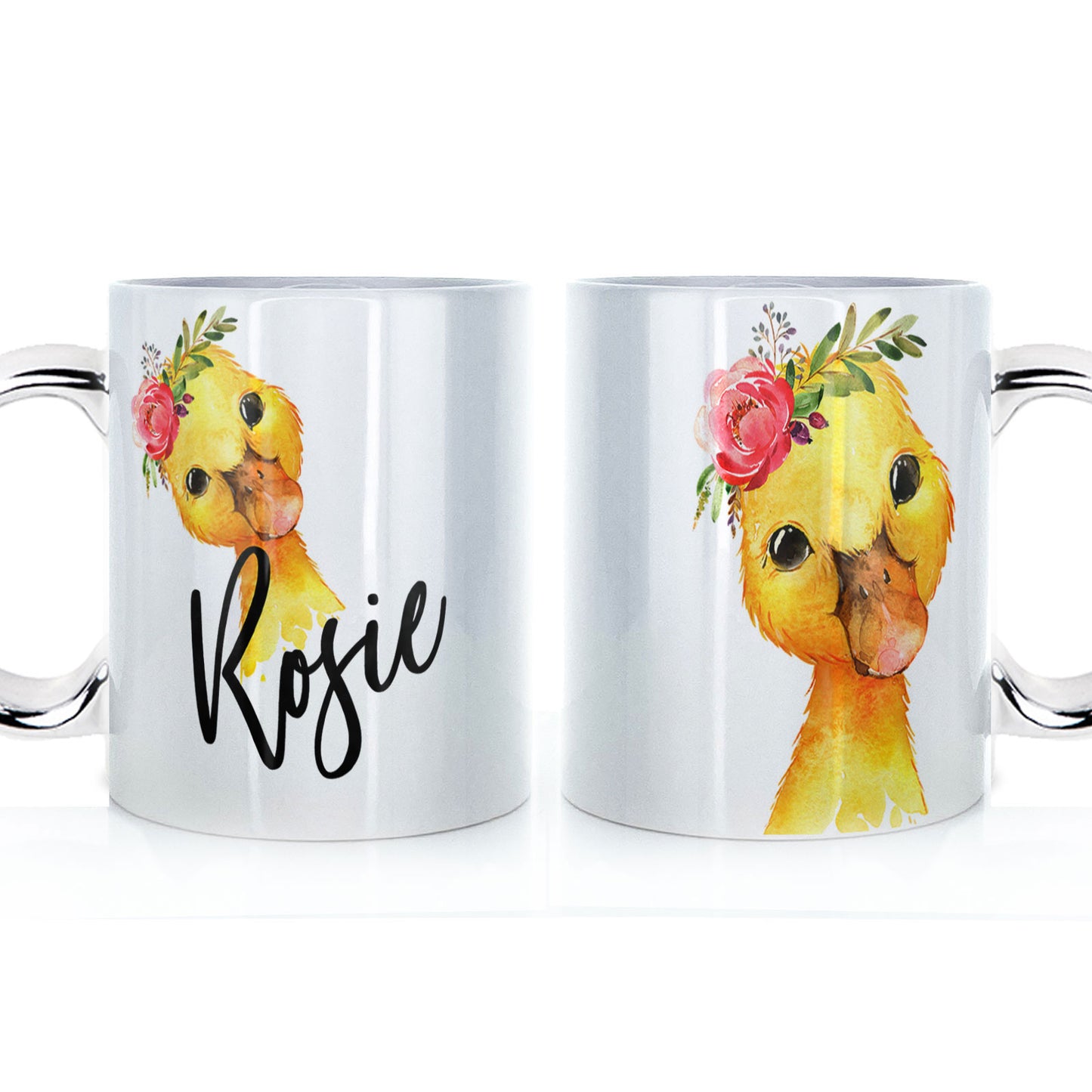 Personalised Mug with Stylish Text and Pink Flower Duckling
