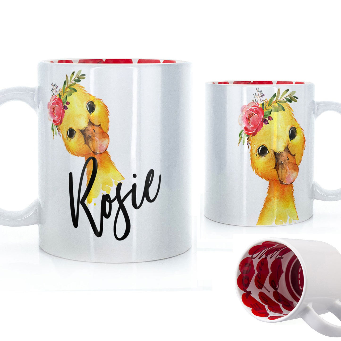 Personalisierte Tasse mit stilvollem Text und rosa Blumen-Entlein