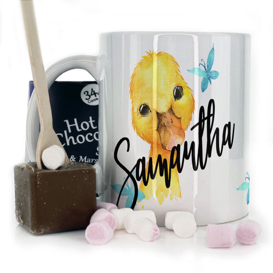 Personalised Mug with Stylish Text and Blue Butterfly Duckling