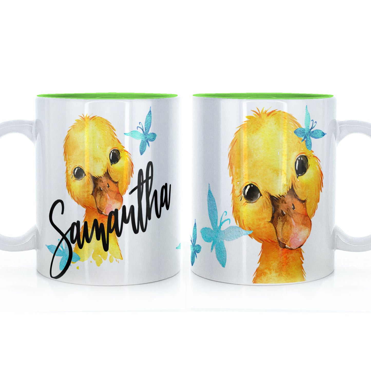 Personalised Mug with Stylish Text and Blue Butterfly Duckling