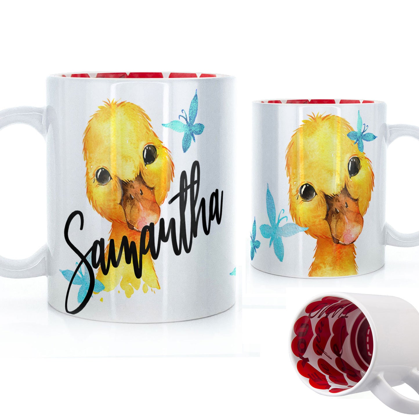 Personalised Mug with Stylish Text and Blue Butterfly Duckling