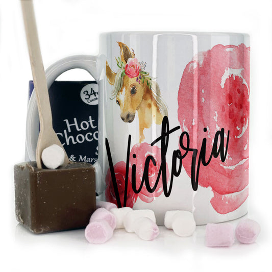 Personalised Mug with Stylish Text and Rose Horse