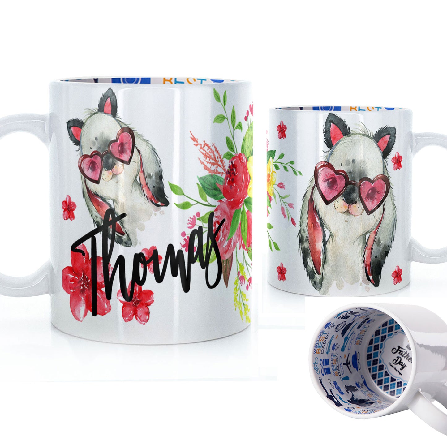 Personalisierte Tasse mit stilvollem Text und Herzbrille, Hase und roten Blumen