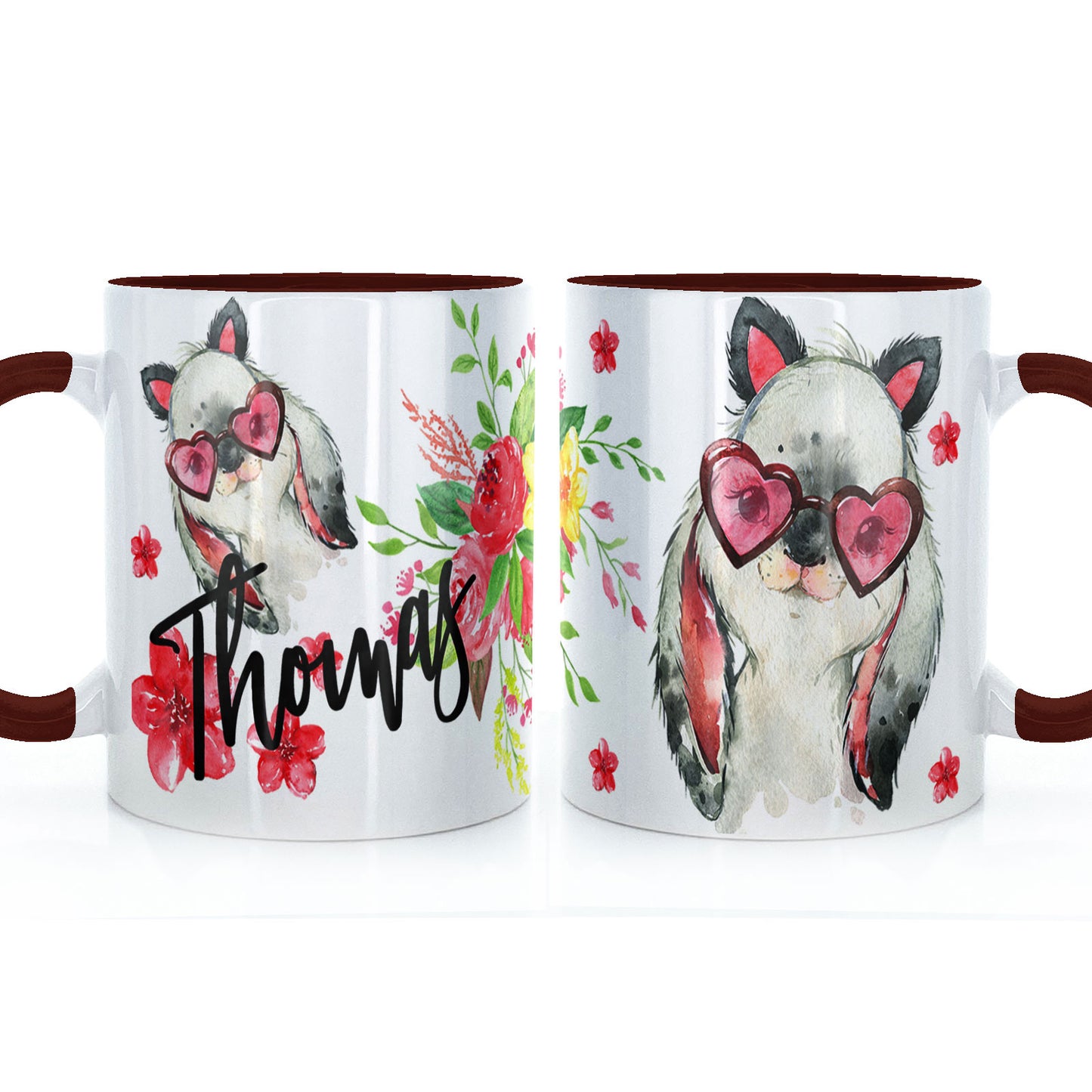 Personalised Mug with Stylish Text and Heart Glasses Rabbit & Red Flowers