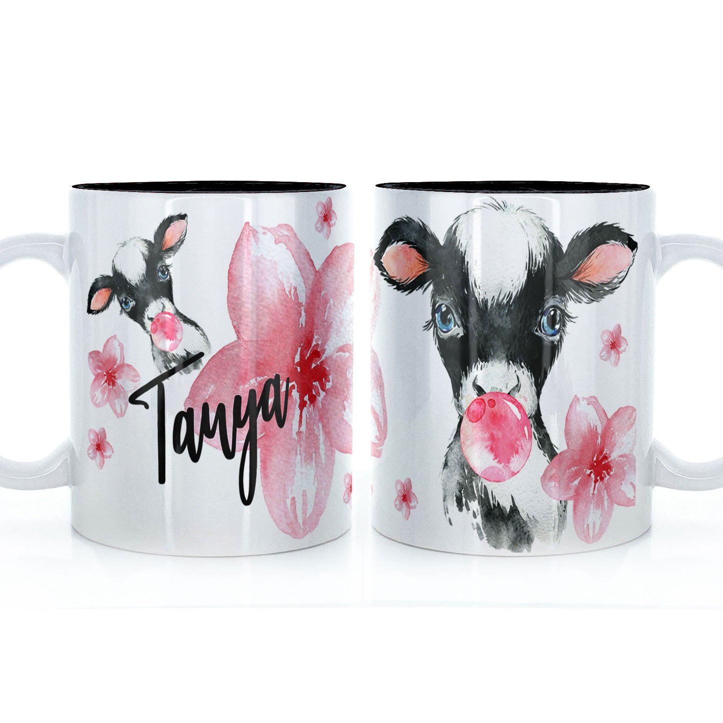 Personalised Mug with Stylish Text and Bubble Gum Cow & Pink Flowers