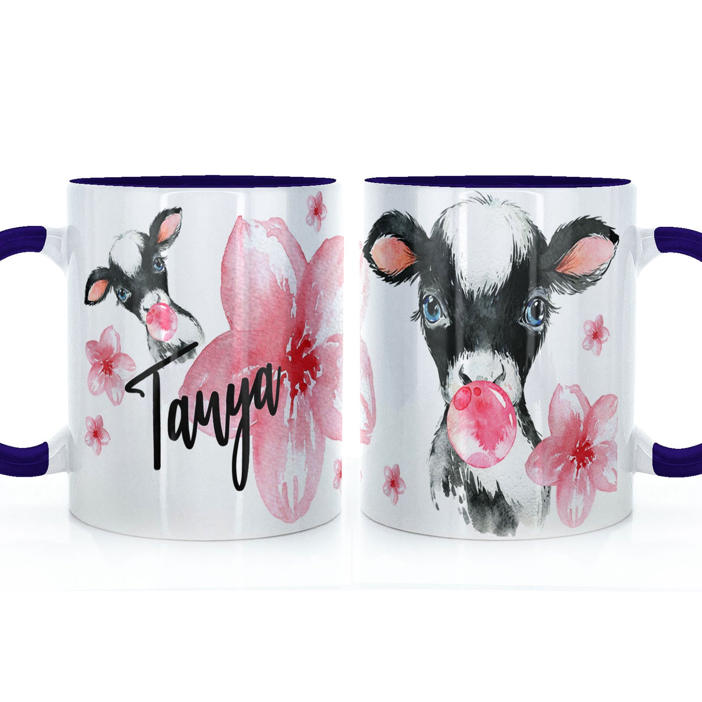 Personalised Mug with Stylish Text and Bubble Gum Cow & Pink Flowers