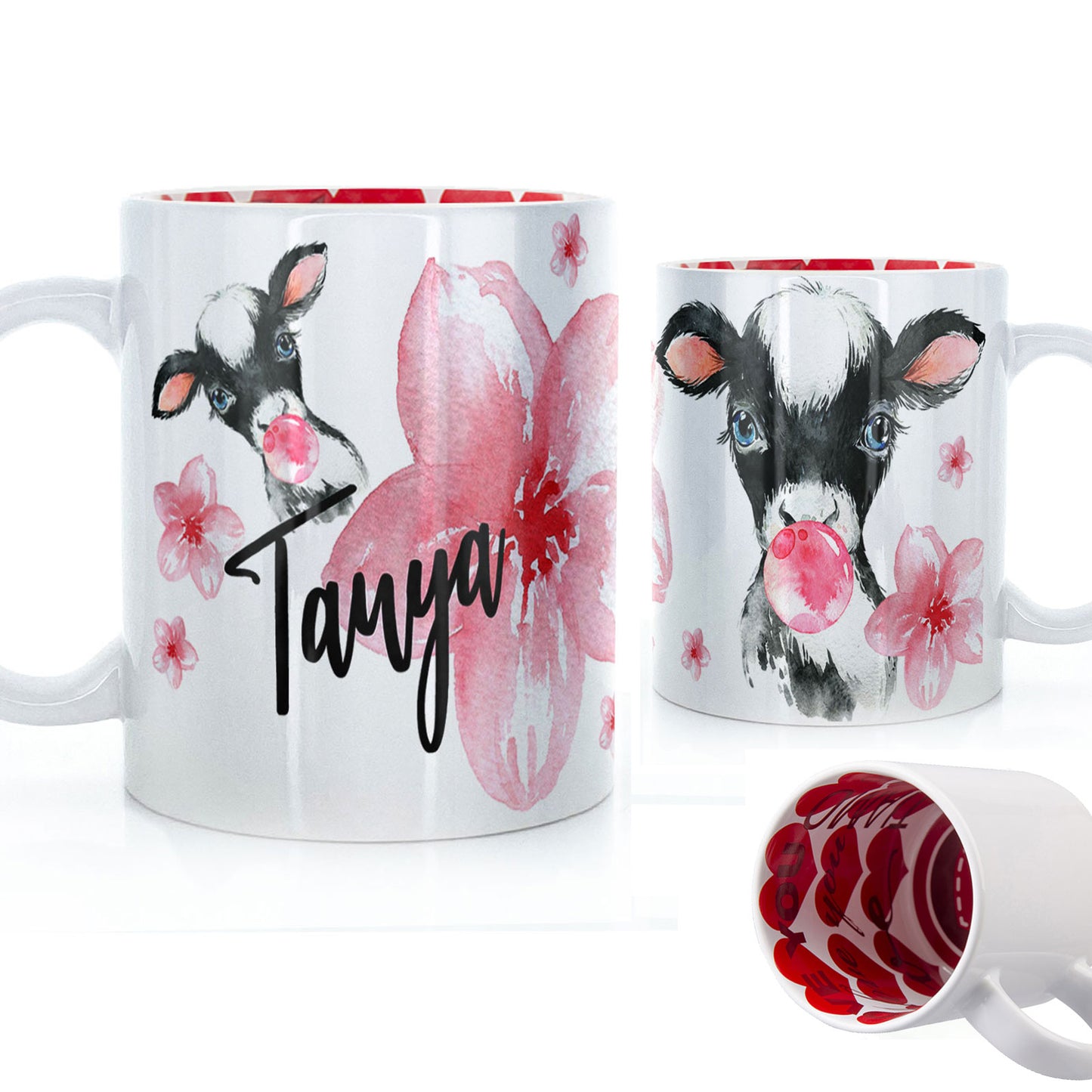 Personalisierte Tasse mit stilvollem Text und Kaugummi-Kuh und rosa Blumen
