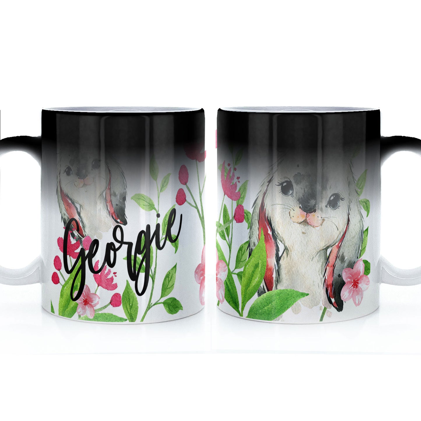 Personalisierte Tasse mit stilvollem Text und niedlichem Hasen und rosa Blumen
