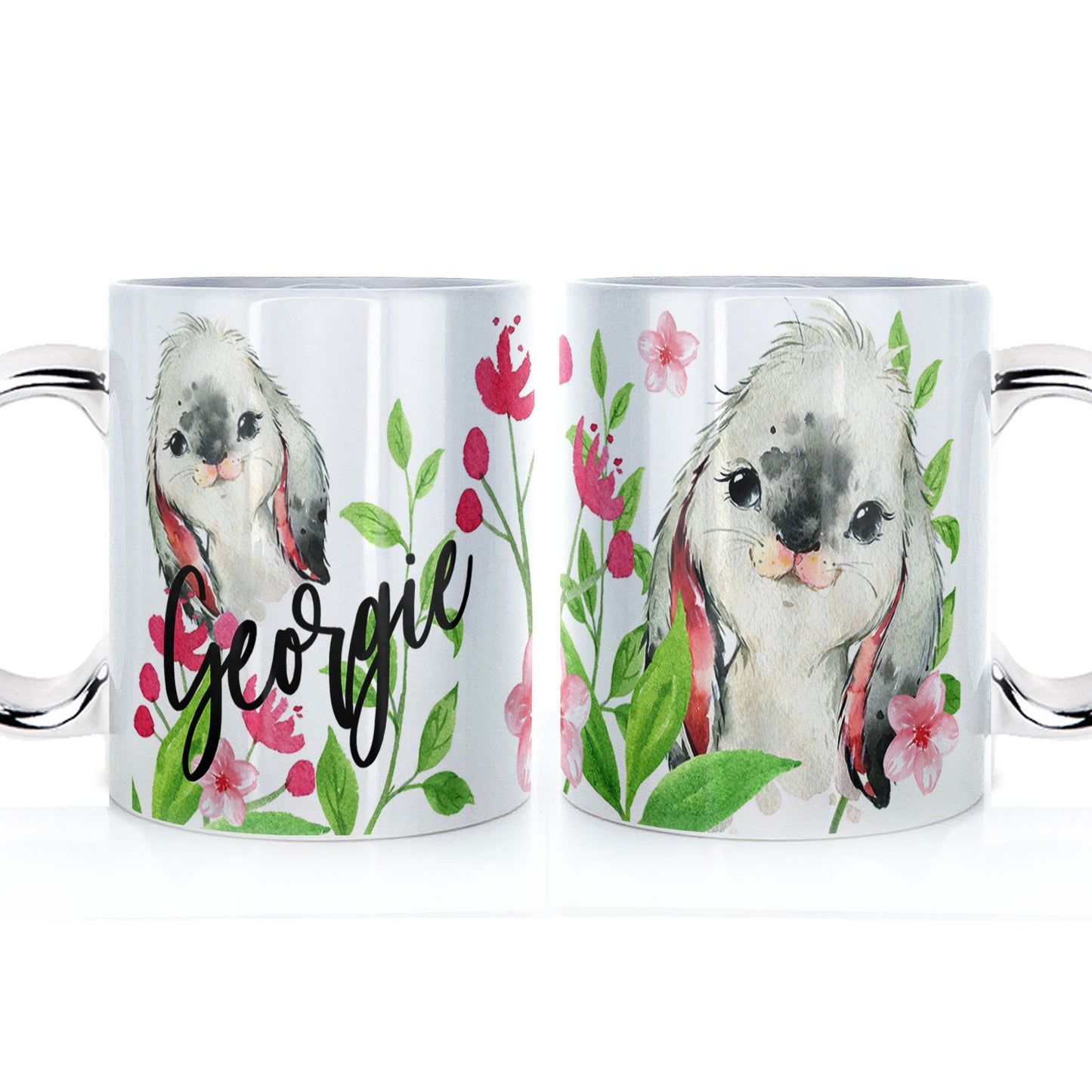 Personalised Mug with Stylish Text and Cute Rabbit & Pink Flowers