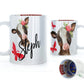 Personalised Mug with Stylish Text and Pink Flower Brown Cow & Red Butterfly