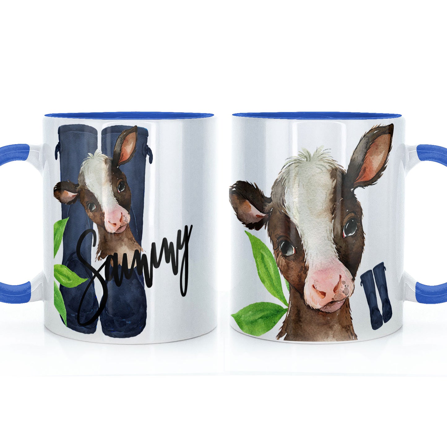 Personalised Blue Welly Leaf Cow and Name Mug