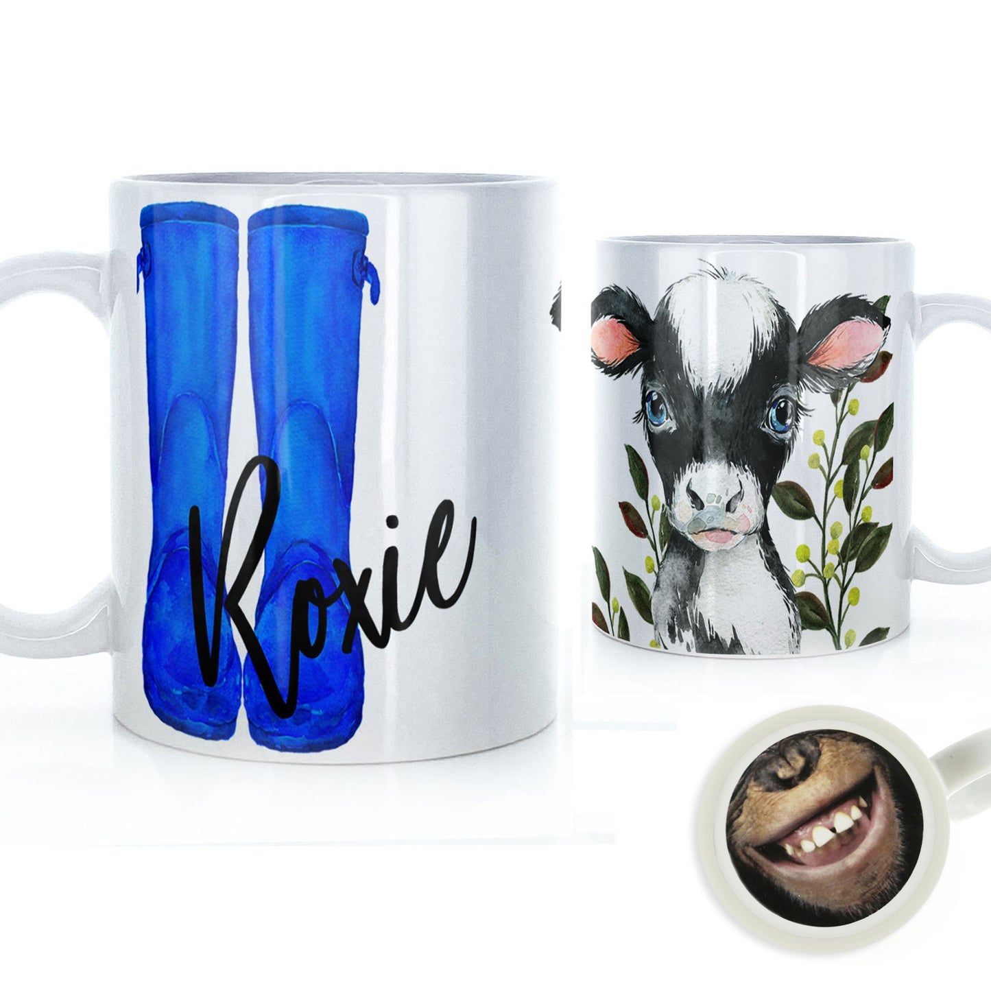 Personalised Mug with Stylish Text and Leafy Cow & Blue Wellies